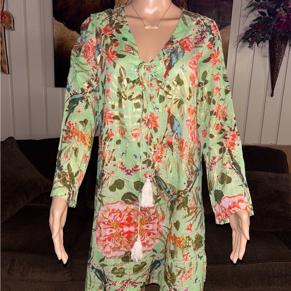 Caribbean Joe ~ Large ~ Green W/ Gold & Red Floral Tunic Swim Coverup Dress - Picture 7 of 15